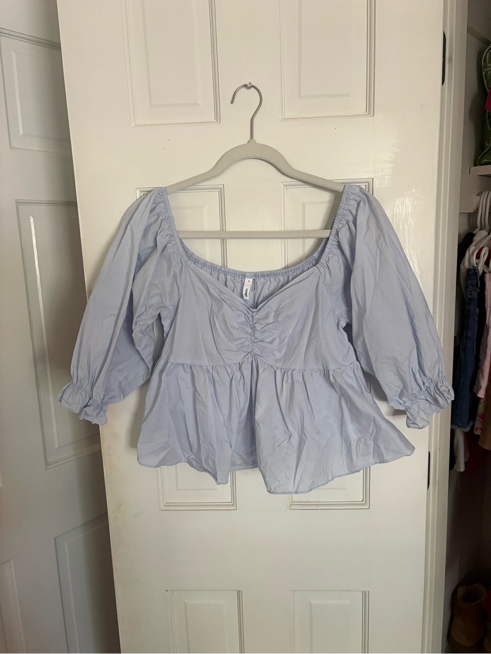 Light Blue Peplum Puff-Sleeve Women's Top
